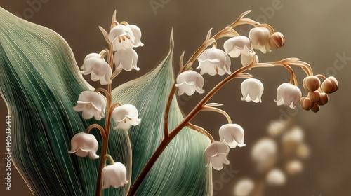 Elegant botanical depiction of Lily of the Valley wrapped in subtle shading, super-resolution