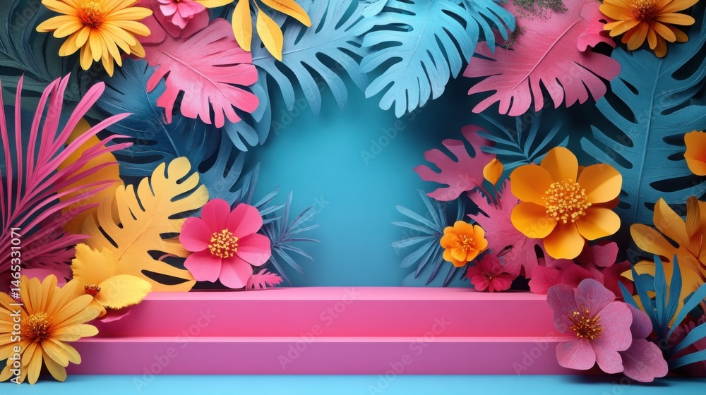 Obraz premium Vibrant Paper Flowers Tropical Leaves on Pink Platform Summer Background