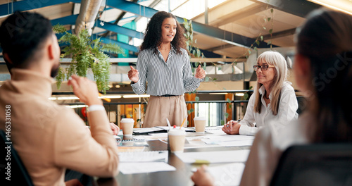 Ideas, speaker and woman in boardroom, creative and brand specialist with project or brainstorming. Business, teamwork and people with strategy for target audience, trends and speech for workshop