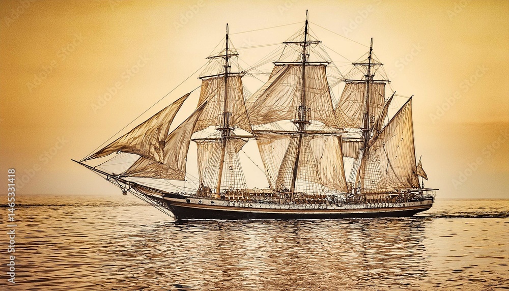 Fototapeta premium Old tall sailing ship on the ocean crisp neo-pop illustration; pencil sketch on old yellowed