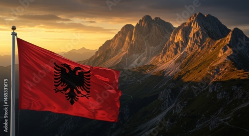 Waving Albanian Flag with Double-Headed Eagle Against the Dramatic Peaks of the Albanian Alps