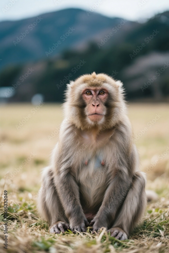 Naklejka premium araffe sitting in the grass with mountains in the background