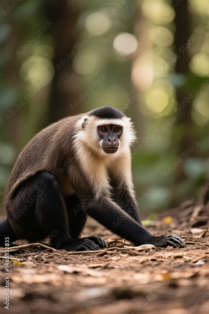 Fototapeta premium arafed monkey sitting on the ground in the woods