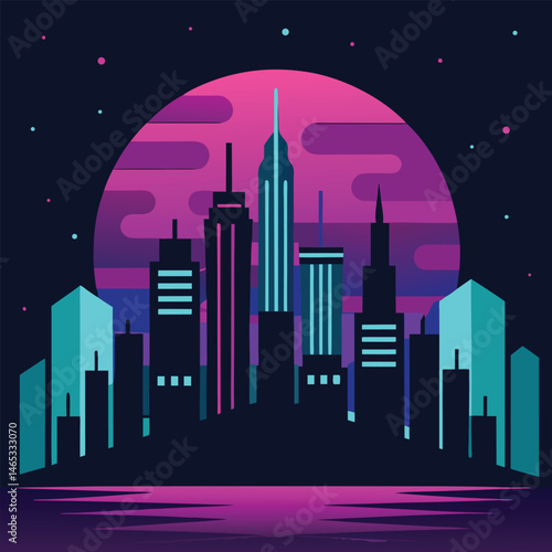 The night cityscape silhouette features urban buildings under a dark sky with stars