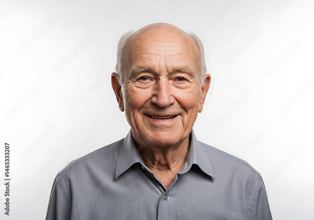 Portrait of a smiling elderly man with a gray shirt against a white background in a studio setting Portrait of a smiling elderly man with a gray shirt against a white background in a studio setting
