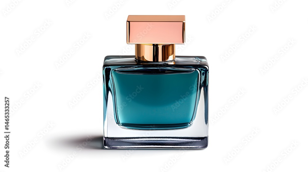 Teal Glass Perfume Bottle with Gold Cap on White Background Teal Glass Perfume Bottle with Gold Cap on White Background