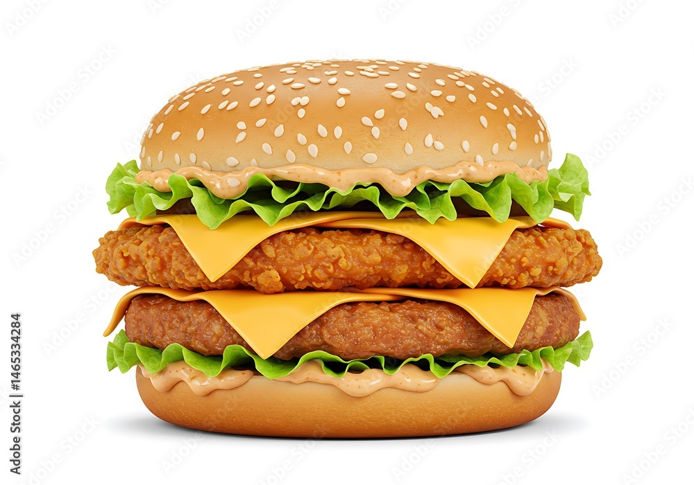 Close up of a double chicken burger with cheese and lettuce on a white background studio shot Close up of a double chicken burger with cheese and lettuce on a white background studio shot