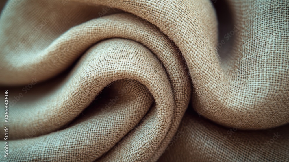 Fototapeta premium Close-up of draped beige fabric. Soft, textured folds and drapes. Natural light highlights the weave