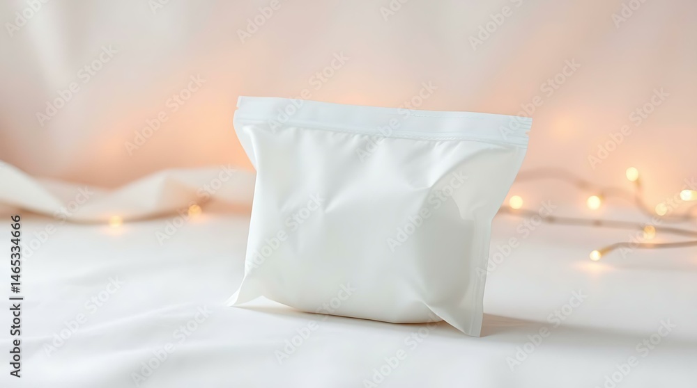 Mockup - Elegant White Ziplock Pouch: Minimalist Packaging with Bokeh Lights on Soft Background Mockup - Elegant White Ziplock Pouch: Minimalist Packaging with Bokeh Lights on Soft Background