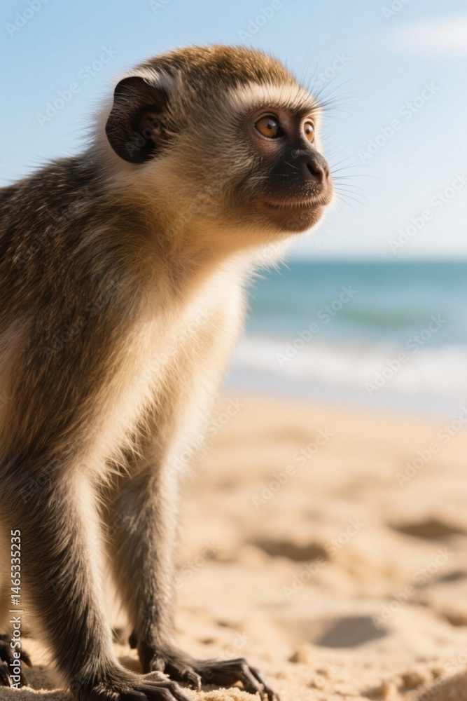 Fototapeta premium arafed monkey sitting on the sand looking at the ocean
