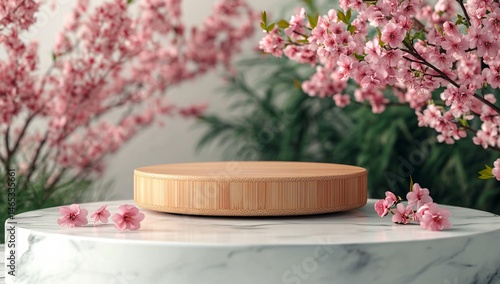 Elegant Cherry Blossoms Framing a Wooden Platform on Marble Surface photo