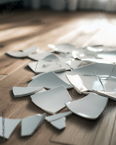 Broken white plates scattered on wooden floor  