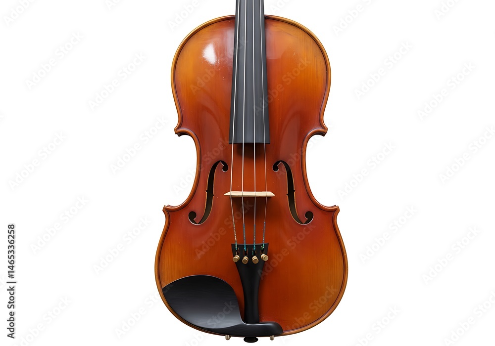 Fototapeta premium A front view of a brown wooden violin with black strings isolated on a white background in a studio shot