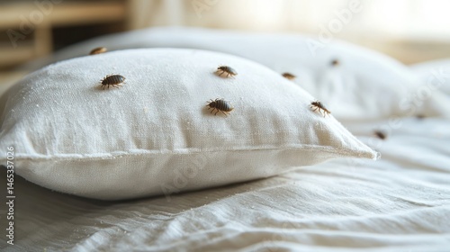 Bed bug infestation concept: tiny bugs crawling on a pillow