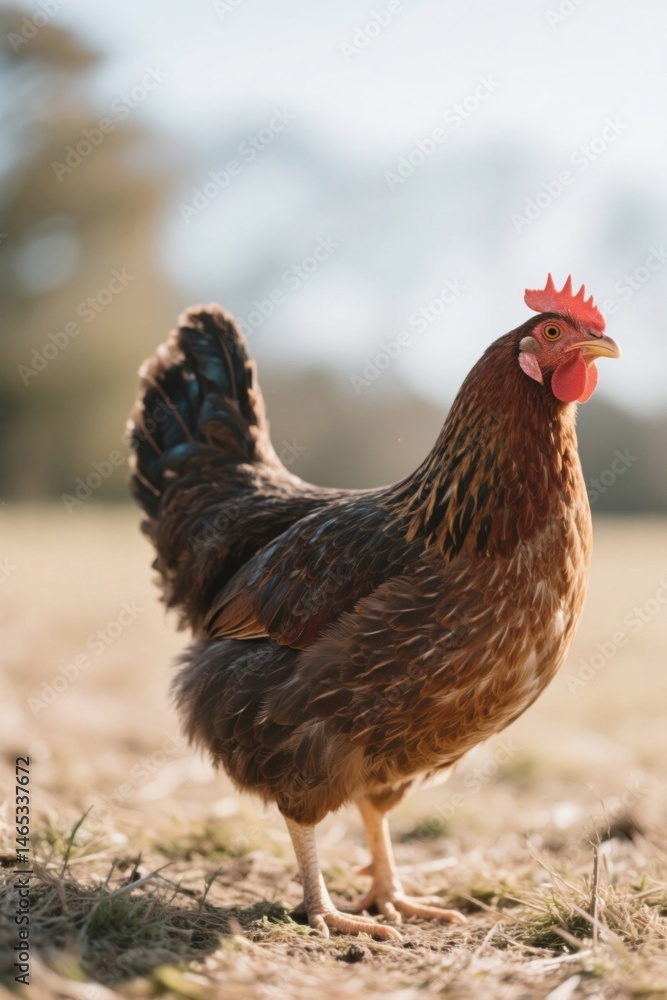 Fototapeta premium there is a chicken standing in the middle of a field