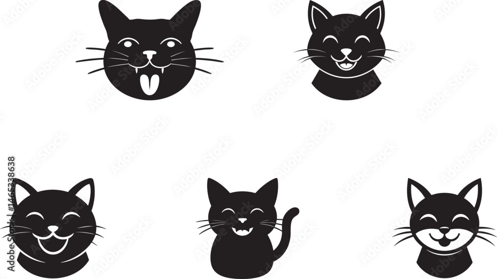 Fototapeta premium Illustration featuring five adorable black cat faces in various happy expressions, perfect for pet-themed or artistic design projects.