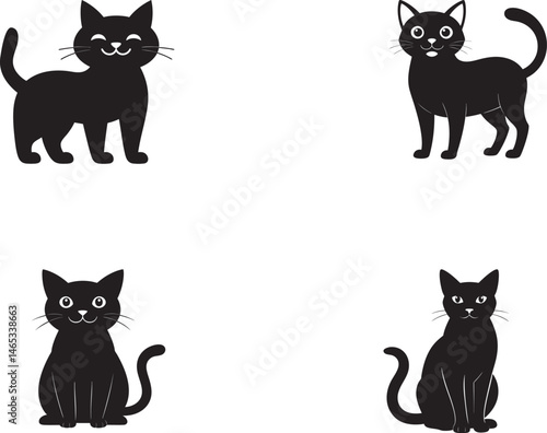 Collection of four charming black cat illustrations featuring adorable expressions and poses, perfect for designs depicting pets, animal themes, or playful and whimsical concepts.

