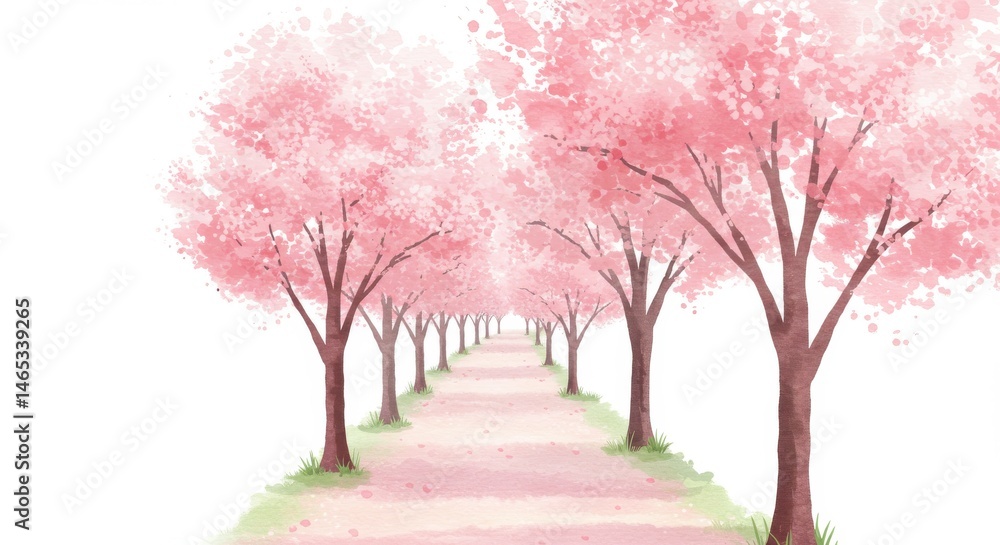 Obraz premium Serene Cherry Blossom Path Clipart - A picturesque path lined with blossoming pink cherry trees, symbolizing spring, tranquility, beauty, new beginnings, and hope