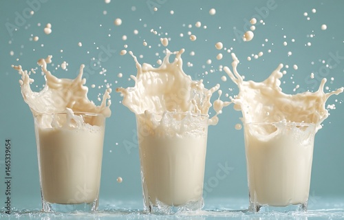 Dynamic Milk Splash Captured Mid-Air Against a Soft Blue Background photo