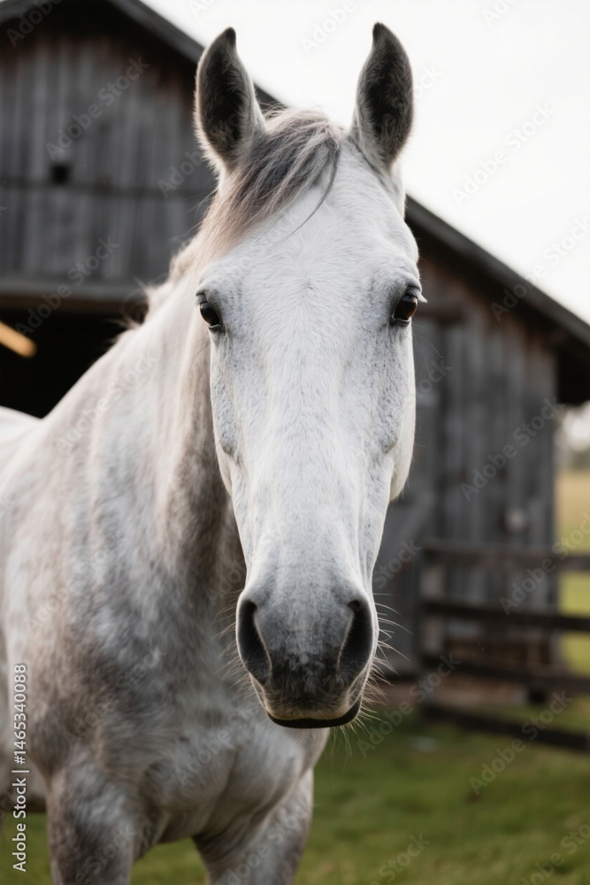 Obraz premium there is a white horse standing in a field near a barn