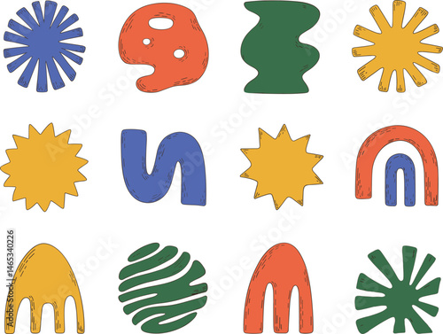 Collection of minimalistic bizarre abstract geometric shapesand forms with different textures in contemporary style, Vector doodle objects, and graphic elements