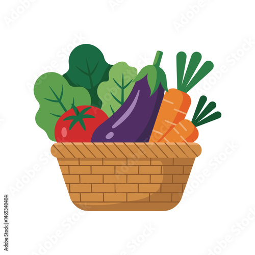 Fresh Harvest in Basket: A wicker basket brimming with fresh vegetables including vibrant tomatoes, eggplants, carrots, and spinach leaves. It is an illustration of a healthy and natural food concept.