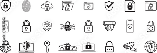 Security Protection Icon Set Vector Illustration Privacy Cyber Safety Outline Style