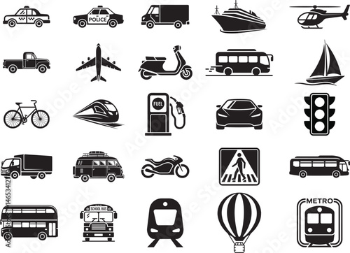 Transportation Vehicles Icon Set Collection In Black And White Vector Illustration