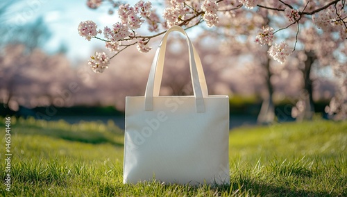 Minimalist White Tote Bag Among Blooming Cherry Blossoms photo