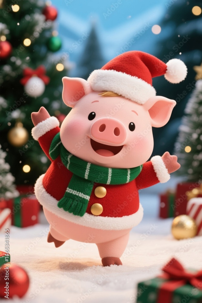 there is a pig in a santa hat and scarf standing in the snow there is a pig in a santa hat and scarf standing in the snow