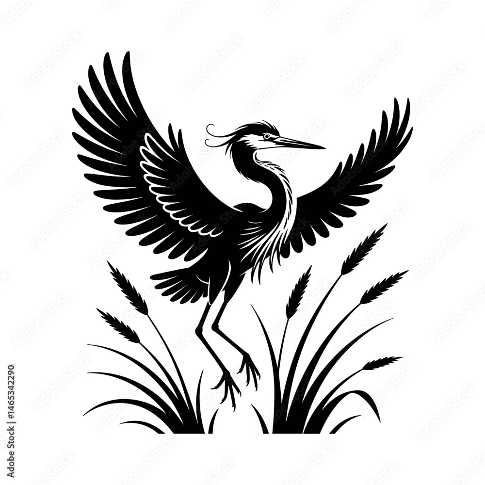 Fototapeta premium Majestic Heron in Flight: A striking monochrome depiction of a heron, wings outstretched, poised above reeds. It exudes grace and strength, a true representation of nature's elegance.
