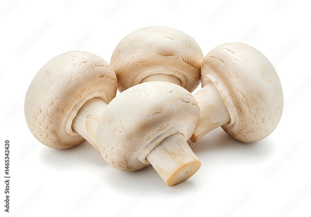A close up shot of four white button mushrooms stacked together on a white surface with soft shadows A close up shot of four white button mushrooms stacked together on a white surface with soft shadows