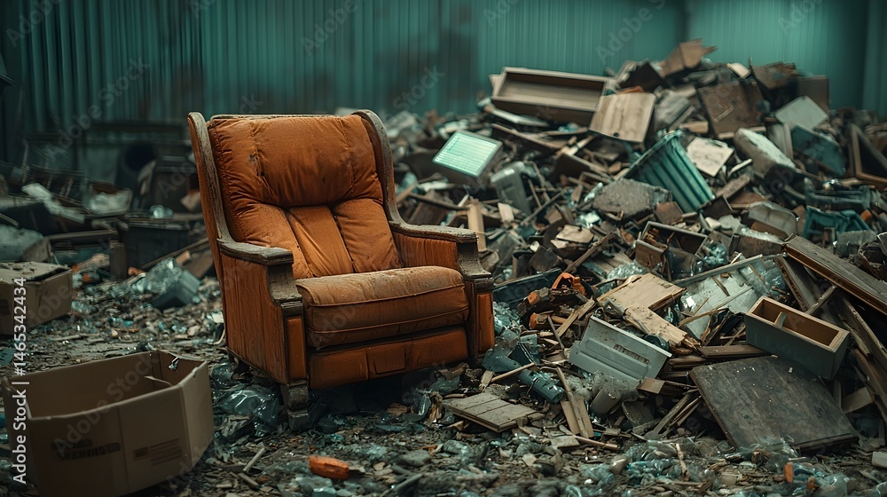 Piles of discarded and dilapidated furniture parts including a worn armchair lie amidst the clutter and debris of an industrial recycling facility Piles of discarded and dilapidated furniture parts including a worn armchair lie amidst the clutter and debris of an industrial recycling facility