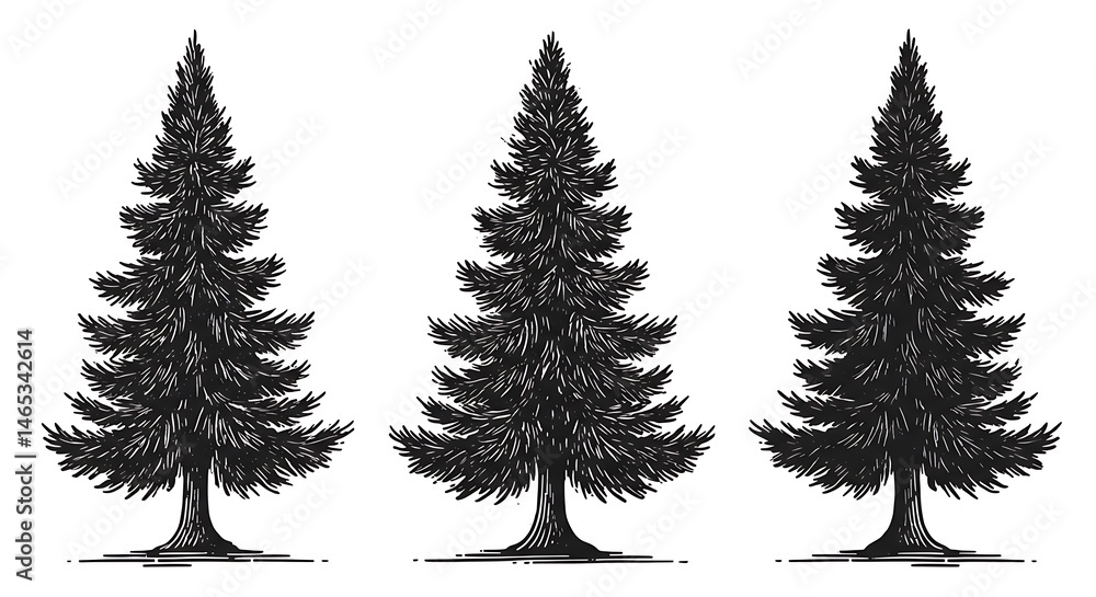 Obraz premium Evergreen Trio: Ink & Shadow AI Generated