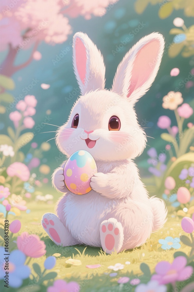 there is a white rabbit sitting in a field with a painted egg there is a white rabbit sitting in a field with a painted egg