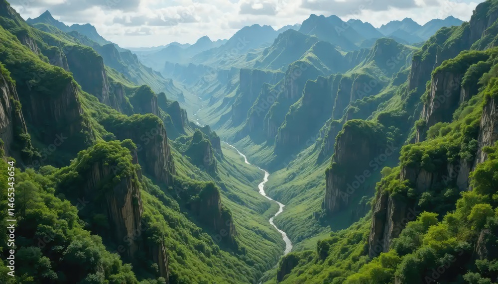 Fototapeta premium Serene Green Mountains River Valley Landscape Photography