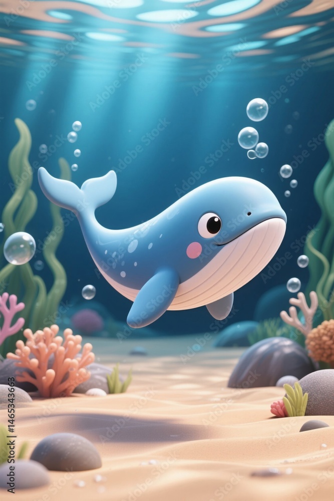 cartoon whale swimming in the ocean with bubbles and corals cartoon whale swimming in the ocean with bubbles and corals