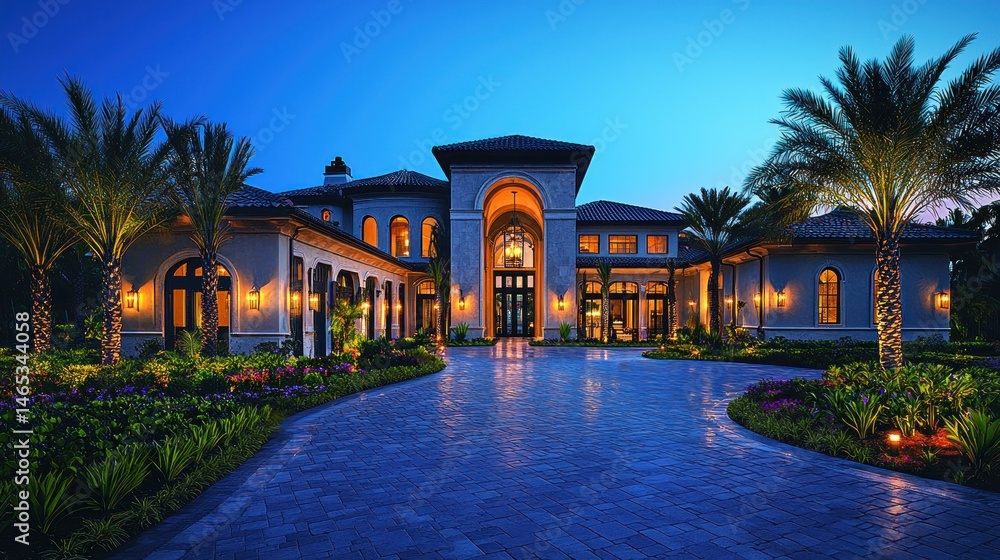 Fototapeta premium Grand Villa Illuminated estate at dusk