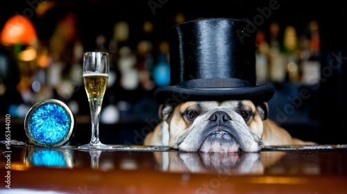 a jolly English bulldog sitting in a pub 