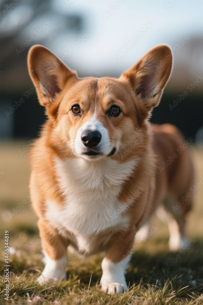 there is a dog that is standing in the grass looking at the camera there is a dog that is standing in the grass looking at the camera