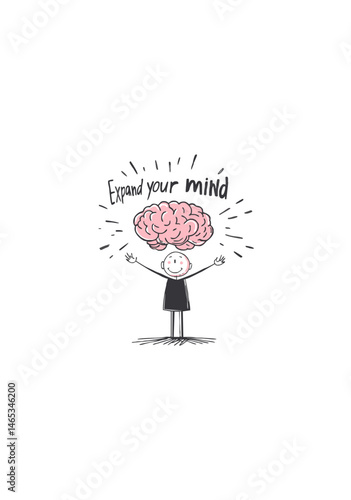 Childlike Cartoon Drawing of Smiling Person with Raised Arms and Brain Above Head with “Expand Your Mind” Text for Inspirational Education Concept