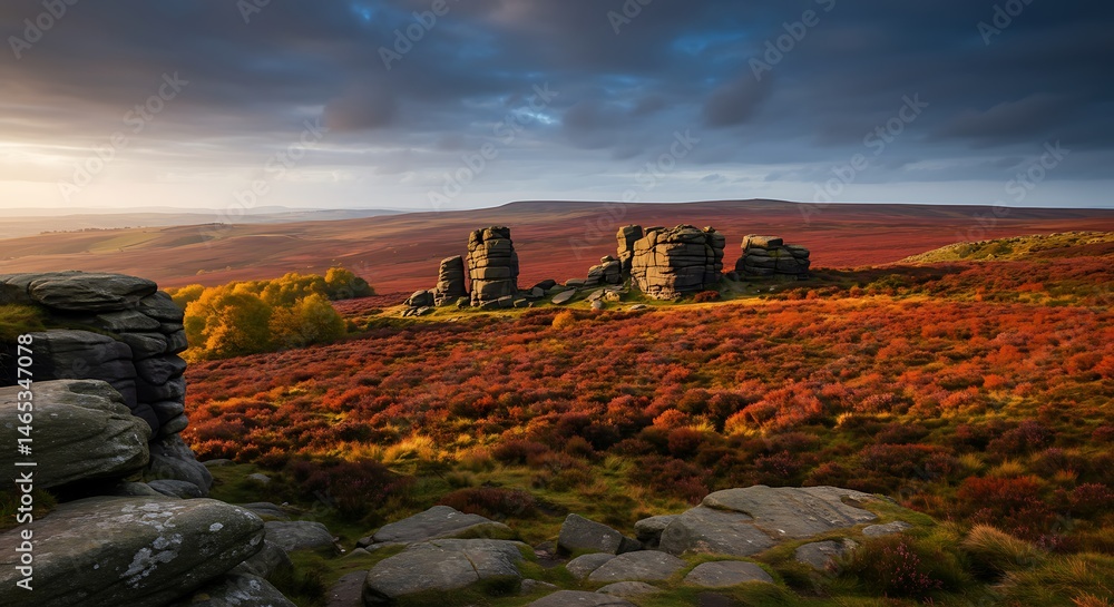 Fototapeta premium Crimson Sunset, Stone Sentinels AI Generated