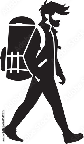 Silhouette of a person hitchhiking backpacking walking along on white background