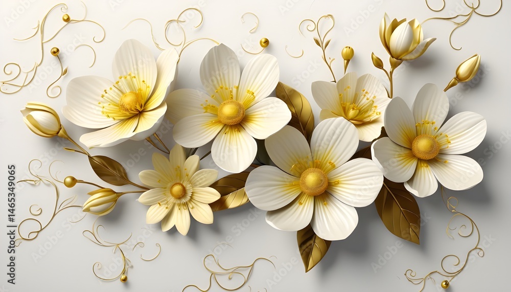 Obraz premium A close up view of a white flower with orange petals, Close-up digital painting of stylized creamy flowers with vivid yellow-orange cores, flowing botanical design, clean background, ultra-detailed 8K