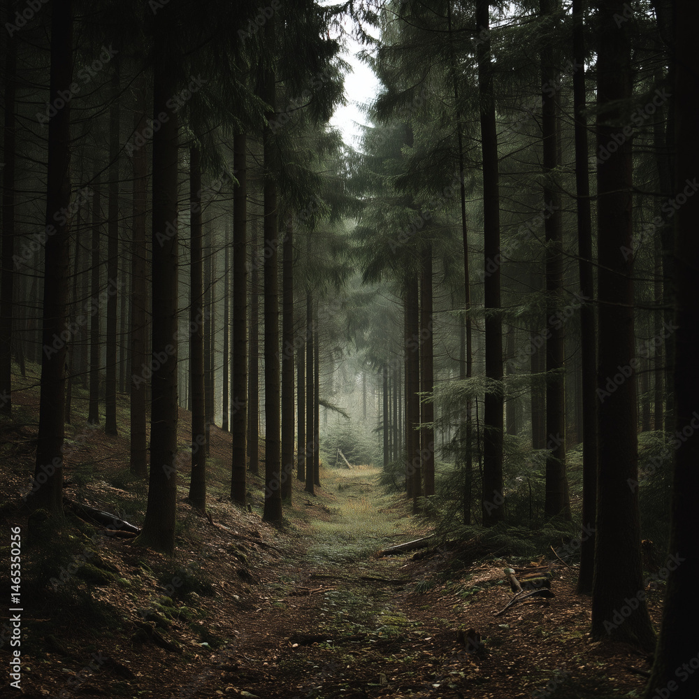 Fototapeta premium Atmospheric forest landscape with soft light and mist, nature background, calm and mystery