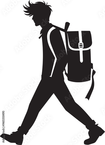 Silhouette of a person hitchhiking backpacking walking along on white background