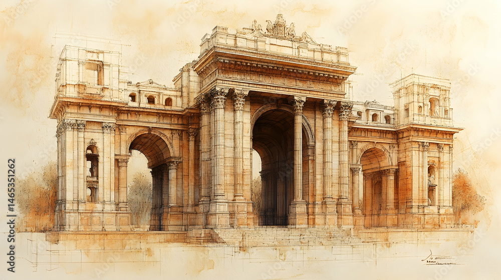 Fototapeta premium Architectural watercolor illustration of a grand gateway. Ancient stone structure with multiple arches, columns, and decorative elements