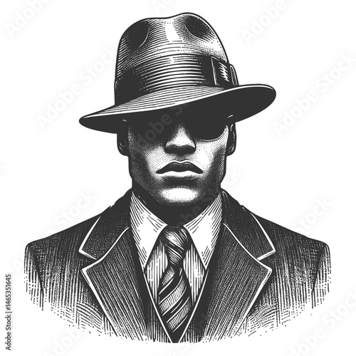 African-American gangster man in a suit, tie, and fedora hat sketch engraving generative ai fictional character vector illustration. Scratch board imitation. Black and white image.