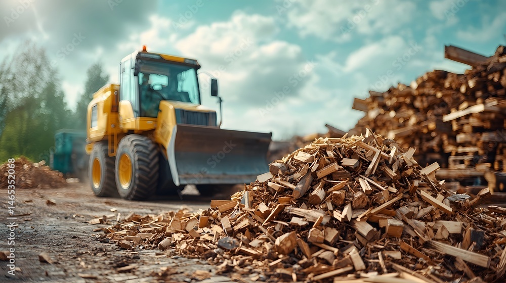 Obraz premium An industrial excavator or loader is shown working at a construction site processing and moving piles of cut and stacked lumber or timber