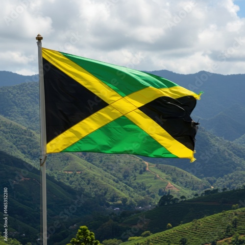 Wallpaper Mural Waving Jamaican Flag Symbolizing Island Vibrancy Against the Lush Green Slopes of the Blue Mountains Torontodigital.ca